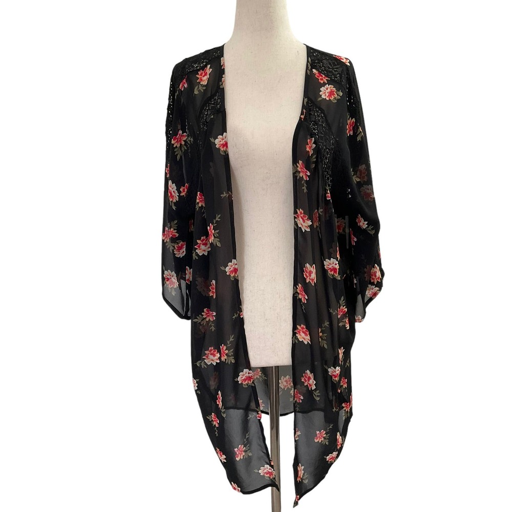 Express Black Floral Cover Up Open‎ Front Kimono Size Small | 48-25